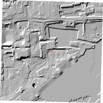 Shaded relief map of the ground around E1W3TA, computed from Environment Agency LiDAR. The ground here sits at about 3 m above sea level and falls 26 m across the surrounding 800 m. Surface water reaching this point runs off ground lying to the west-north-west, 22.3 m higher.