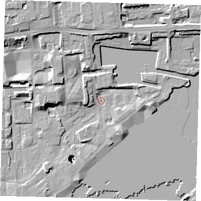 Shaded relief map of the ground around E1W3TB, computed from Environment Agency LiDAR. The ground here sits at about 3 m above sea level and falls 26 m across the surrounding 800 m. Surface water reaching this point runs off ground lying to the north-west, 20.6 m higher.