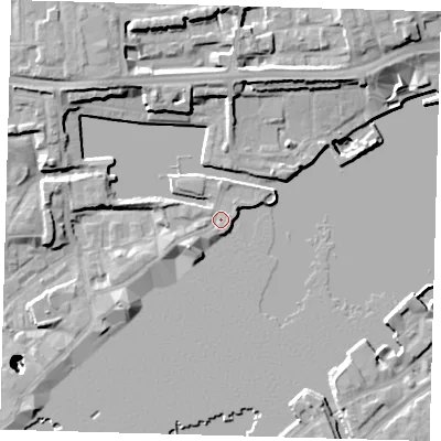 Shaded relief map of the ground around E1W3TF, computed from Environment Agency LiDAR. The ground here sits at about 5 m above sea level and falls 26 m across the surrounding 800 m. Surface water reaching this point runs off ground lying to the south-west, 4.4 m higher.