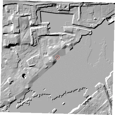 Shaded relief map of the ground around E1W3TH, computed from Environment Agency LiDAR. The ground here sits at about 3 m above sea level and falls 25 m across the surrounding 800 m. Surface water reaching this point runs off ground lying to the west-south-west, 3.2 m higher.
