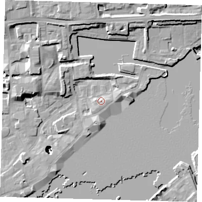 Shaded relief map of the ground around E1W3TJ, computed from Environment Agency LiDAR. The ground here sits at about 5 m above sea level and falls 25 m across the surrounding 800 m. Surface water reaching this point runs off ground lying to the east-south-east, 1.9 m higher.