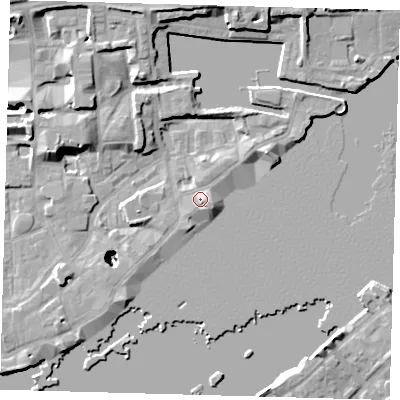 Shaded relief map of the ground around E1W3TU, computed from Environment Agency LiDAR. The ground here sits at about 5 m above sea level and falls 25 m across the surrounding 800 m. Surface water reaching this point runs off ground lying to the north-north-east, 0.9 m higher.