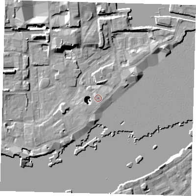Shaded relief map of the ground around E1W3XQ, computed from Environment Agency LiDAR. The ground here sits at about 4 m above sea level and falls 22 m across the surrounding 800 m. Surface water reaching this point runs off ground lying to the south-south-east, 1.0 m higher.