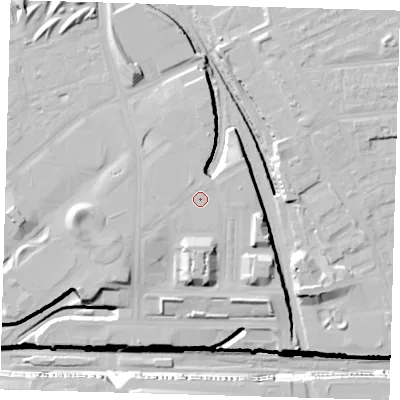 Shaded relief map of the ground around E201AS, computed from Environment Agency LiDAR. The ground here sits at about 13 m above sea level and falls 32 m across the surrounding 800 m. Surface water reaching this point runs off ground lying to the north-north-west, 1.1 m higher.
