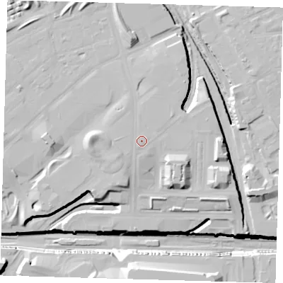 Shaded relief map of the ground around E201DB, computed from Environment Agency LiDAR. The ground here sits at about 14 m above sea level and falls 29 m across the surrounding 800 m. Surface water reaching this point runs off ground lying to the north-east, 0.6 m higher.