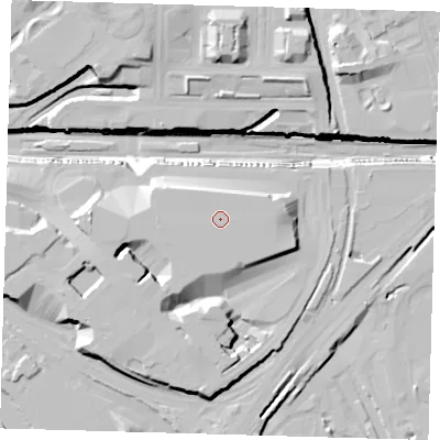 Shaded relief map of the ground around E201EH, computed from Environment Agency LiDAR. The ground here sits at about 14 m above sea level and falls 31 m across the surrounding 800 m. The ground contributing surface water to this point lies to the west.