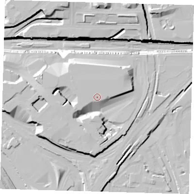 Shaded relief map of the ground around E201EN, computed from Environment Agency LiDAR. The ground here sits at about 14 m above sea level and falls 30 m across the surrounding 800 m. The ground contributing surface water to this point lies to the west-south-west.