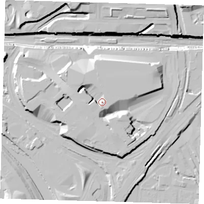 Shaded relief map of the ground around E201GL, computed from Environment Agency LiDAR. The ground here sits at about 13 m above sea level and falls 27 m across the surrounding 800 m. Surface water reaching this point runs off ground lying to the north-west, 7.6 m higher.