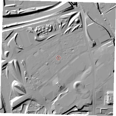 Shaded relief map of the ground around E201GW, computed from Environment Agency LiDAR. The ground here sits at about 13 m above sea level and falls 18 m across the surrounding 800 m. Surface water reaching this point runs off ground lying to the north-west, 0.8 m higher.