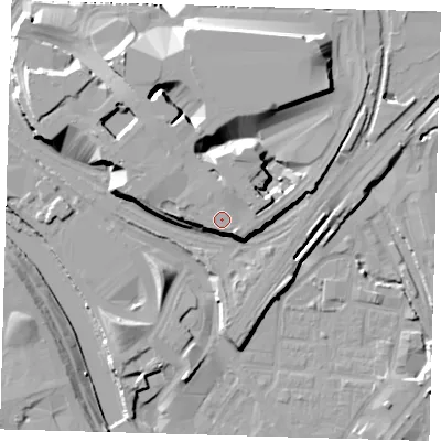 Shaded relief map of the ground around E201HR, computed from Environment Agency LiDAR. The ground here sits at about 14 m above sea level and falls 16 m across the surrounding 800 m. The ground contributing surface water to this point lies to the north-north-west.