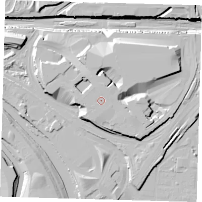 Shaded relief map of the ground around E201JN, computed from Environment Agency LiDAR. The ground here sits at about 15 m above sea level and falls 26 m across the surrounding 800 m. Surface water reaching this point runs off ground lying to the west-south-west, 0.8 m higher.