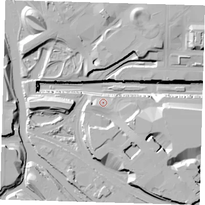 Shaded relief map of the ground around E201JP, computed from Environment Agency LiDAR. The ground here sits at about 8 m above sea level and falls 28 m across the surrounding 800 m. Surface water reaching this point runs off ground lying to the south-west, 4.0 m higher.