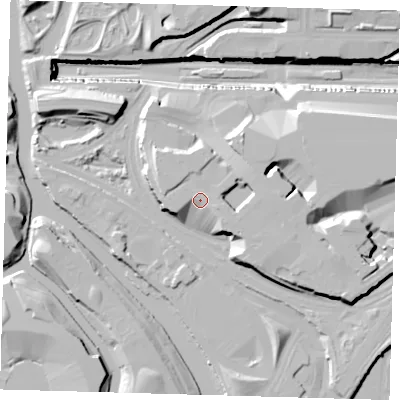 Shaded relief map of the ground around E201JQ, computed from Environment Agency LiDAR. The ground here sits at about 14 m above sea level and falls 27 m across the surrounding 800 m. Surface water reaching this point runs off ground lying to the north, 4.7 m higher.