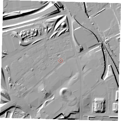 Shaded relief map of the ground around E201LE, computed from Environment Agency LiDAR. The ground here sits at about 12 m above sea level and falls 19 m across the surrounding 800 m. Surface water reaching this point runs off ground lying to the south-west, 0.7 m higher.