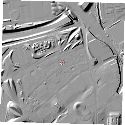 Shaded relief map of the ground around E201LG, computed from Environment Agency LiDAR. The ground here sits at about 12 m above sea level and falls 18 m across the surrounding 800 m. Surface water reaching this point runs off ground lying to the west-south-west, 1.2 m higher.