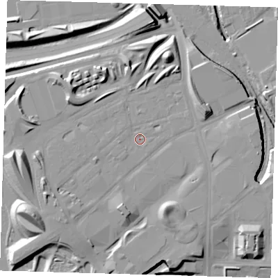 Shaded relief map of the ground around E201LH, computed from Environment Agency LiDAR. The ground here sits at about 12 m above sea level and falls 18 m across the surrounding 800 m. Surface water reaching this point runs off ground lying to the west, 1.0 m higher.
