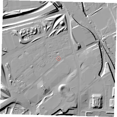 Shaded relief map of the ground around E201LL, computed from Environment Agency LiDAR. The ground here sits at about 12 m above sea level and falls 19 m across the surrounding 800 m. Surface water reaching this point runs off ground lying to the south-west, 0.7 m higher.