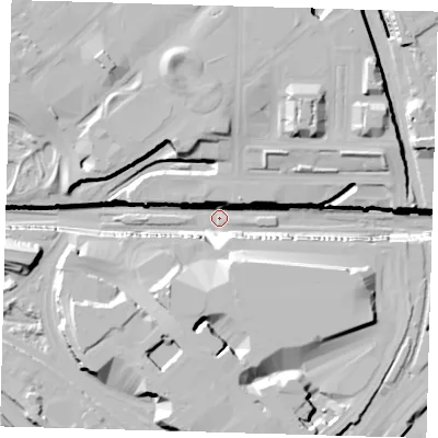 Shaded relief map of the ground around E201YY, computed from Environment Agency LiDAR. The ground here sits at about -5 m above sea level and falls 27 m across the surrounding 800 m. Surface water reaching this point runs off ground lying to the north-north-east, 13.2 m higher.