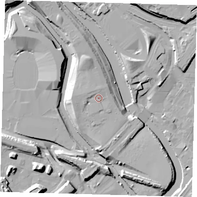 Shaded relief map of the ground around E202AE, computed from Environment Agency LiDAR. The ground here sits at about 10 m above sea level and falls 16 m across the surrounding 800 m. Surface water reaching this point runs off ground lying to the west-north-west, 1.2 m higher.