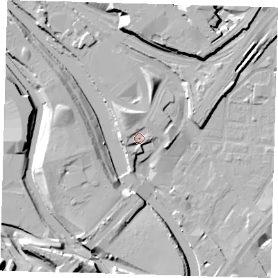 Shaded relief map of the ground around E202AF, computed from Environment Agency LiDAR. The ground here sits at about 7 m above sea level and falls 15 m across the surrounding 800 m. Surface water reaching this point runs off ground lying to the west-south-west, 2.3 m higher.