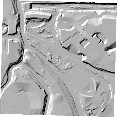 Shaded relief map of the ground around E202AR, computed from Environment Agency LiDAR. The ground here sits at about 6 m above sea level and falls 27 m across the surrounding 800 m. Surface water reaching this point runs off ground lying to the west-south-west, 2.8 m higher.