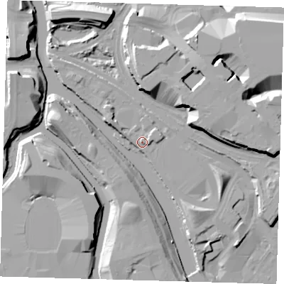 Shaded relief map of the ground around E202AS, computed from Environment Agency LiDAR. The ground here sits at about 7 m above sea level and falls 14 m across the surrounding 800 m. Surface water reaching this point runs off ground lying to the east, 1.8 m higher.