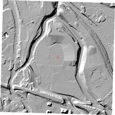 Shaded relief map of the ground around E202ST, computed from Environment Agency LiDAR. The ground here sits at about 6 m above sea level and falls 15 m across the surrounding 800 m. The ground contributing surface water to this point lies to the south-south-east.