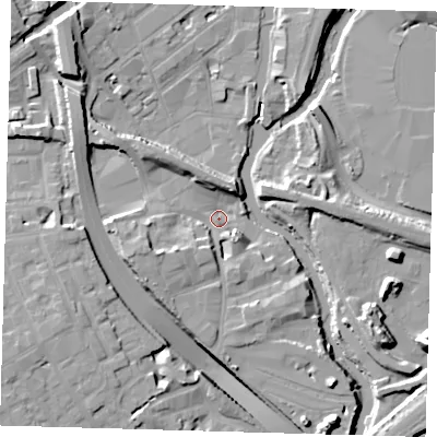 Shaded relief map of the ground around E32JG, computed from Environment Agency LiDAR. The ground here sits at about 6 m above sea level and falls 13 m across the surrounding 800 m. Surface water reaching this point runs off ground lying to the west-south-west, 8.2 m higher.
