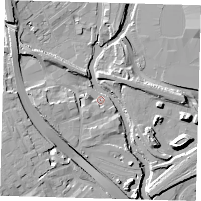 Shaded relief map of the ground around E32JP, computed from Environment Agency LiDAR. The ground here sits at about 6 m above sea level and falls 16 m across the surrounding 800 m. Surface water reaching this point runs off ground lying to the south-west, 3.9 m higher.