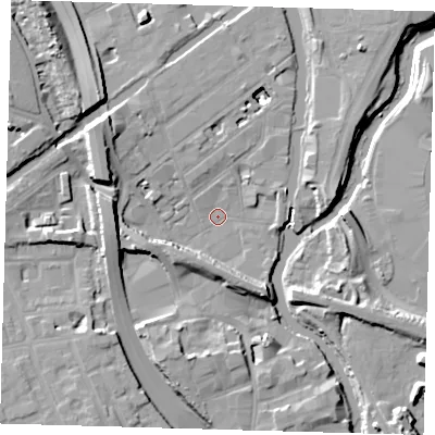 Shaded relief map of the ground around E32NG, computed from Environment Agency LiDAR. The ground here sits at about 4 m above sea level and falls 14 m across the surrounding 800 m. Surface water reaching this point runs off ground lying to the west, 13.0 m higher.