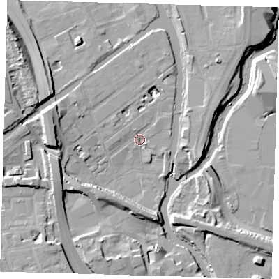 Shaded relief map of the ground around E32NH, computed from Environment Agency LiDAR. The ground here sits at about 5 m above sea level and falls 13 m across the surrounding 800 m. Surface water reaching this point runs off ground lying to the north-north-east, 2.9 m higher.