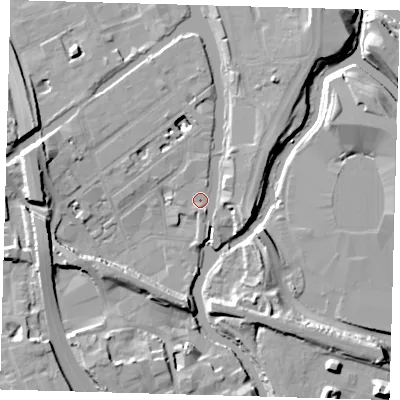 Shaded relief map of the ground around E32NJ, computed from Environment Agency LiDAR. The ground here sits at about 6 m above sea level and falls 14 m across the surrounding 800 m. Surface water reaching this point runs off ground lying to the north-north-east, 1.0 m higher.