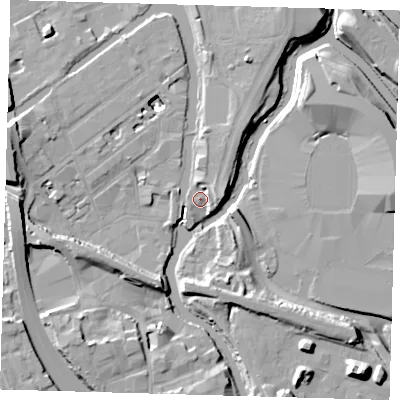 Shaded relief map of the ground around E32NN, computed from Environment Agency LiDAR. The ground here sits at about 6 m above sea level and falls 14 m across the surrounding 800 m. Surface water reaching this point runs off ground lying to the east-north-east, 4.7 m higher.