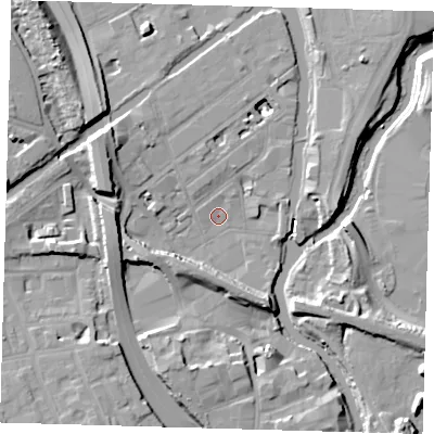 Shaded relief map of the ground around E32NR, computed from Environment Agency LiDAR. The ground here sits at about 5 m above sea level and falls 14 m across the surrounding 800 m. Surface water reaching this point runs off ground lying to the west, 13.0 m higher.
