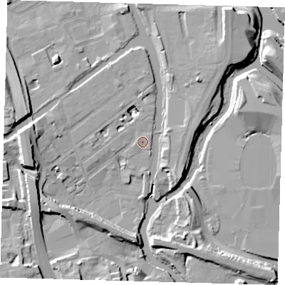 Shaded relief map of the ground around E32NT, computed from Environment Agency LiDAR. The ground here sits at about 6 m above sea level and falls 14 m across the surrounding 800 m. Surface water reaching this point runs off ground lying to the north, 1.0 m higher.