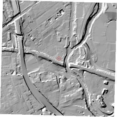 Shaded relief map of the ground around E32NX, computed from Environment Agency LiDAR. The ground here sits at about 5 m above sea level and falls 13 m across the surrounding 800 m. Surface water reaching this point runs off ground lying to the west-south-west, 6.1 m higher.