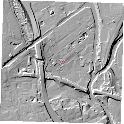 Shaded relief map of the ground around E32PE, computed from Environment Agency LiDAR. The ground here sits at about 5 m above sea level and falls 15 m across the surrounding 800 m. Surface water reaching this point runs off ground lying to the north-north-east, 6.8 m higher.