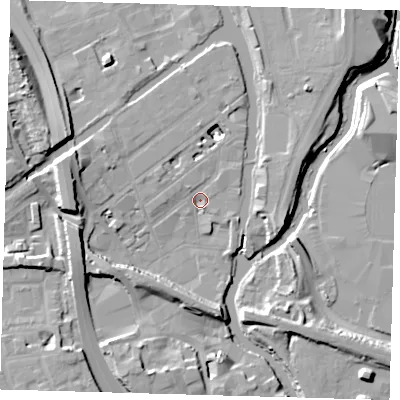 Shaded relief map of the ground around E32PN, computed from Environment Agency LiDAR. The ground here sits at about 5 m above sea level and falls 13 m across the surrounding 800 m. Surface water reaching this point runs off ground lying to the north-north-east, 2.9 m higher.