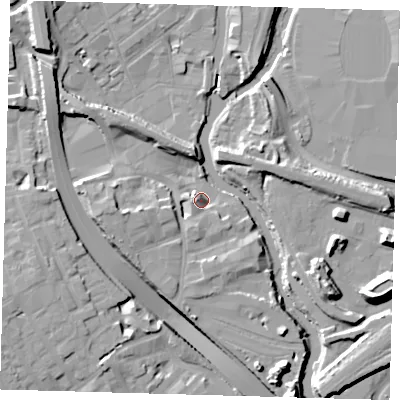 Shaded relief map of the ground around E32PW, computed from Environment Agency LiDAR. The ground here sits at about 8 m above sea level and falls 14 m across the surrounding 800 m. Surface water reaching this point runs off ground lying to the south-south-west, 3.8 m higher.