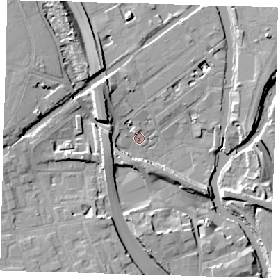 Shaded relief map of the ground around E32QW, computed from Environment Agency LiDAR. The ground here sits at about 5 m above sea level and falls 15 m across the surrounding 800 m. Surface water reaching this point runs off ground lying to the west, 9.6 m higher.