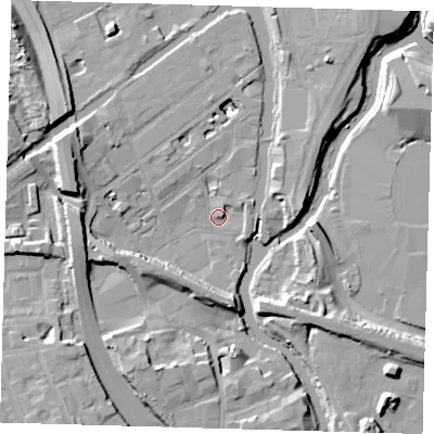 Shaded relief map of the ground around E32RE, computed from Environment Agency LiDAR. The ground here sits at about 5 m above sea level and falls 13 m across the surrounding 800 m. Surface water reaching this point runs off ground lying to the west, 13.0 m higher.