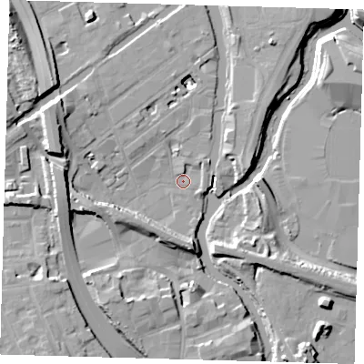 Shaded relief map of the ground around E32RF, computed from Environment Agency LiDAR. The ground here sits at about 5 m above sea level and falls 13 m across the surrounding 800 m. Surface water reaching this point runs off ground lying to the west, 13.0 m higher.