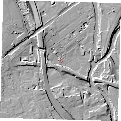 Shaded relief map of the ground around E32RG, computed from Environment Agency LiDAR. The ground here sits at about 5 m above sea level and falls 15 m across the surrounding 800 m. Surface water reaching this point runs off ground lying to the west, 9.8 m higher.