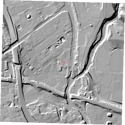 Shaded relief map of the ground around E32RP, computed from Environment Agency LiDAR. The ground here sits at about 6 m above sea level and falls 13 m across the surrounding 800 m. Surface water reaching this point runs off ground lying to the east-north-east, 1.0 m higher.