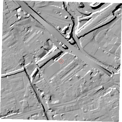 Shaded relief map of the ground around E32SY, computed from Environment Agency LiDAR. The ground here sits at about 10 m above sea level and falls 15 m across the surrounding 800 m. Surface water reaching this point runs off ground lying to the west-south-west, 6.3 m higher.