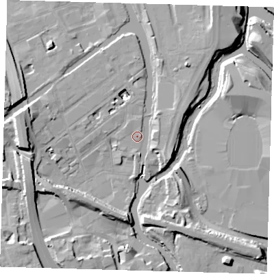 Shaded relief map of the ground around E32SZ, computed from Environment Agency LiDAR. The ground here sits at about 6 m above sea level and falls 13 m across the surrounding 800 m. Surface water reaching this point runs off ground lying to the east-north-east, 0.9 m higher.