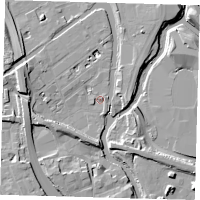 Shaded relief map of the ground around E32TG, computed from Environment Agency LiDAR. The ground here sits at about 6 m above sea level and falls 13 m across the surrounding 800 m. Surface water reaching this point runs off ground lying to the west, 13.0 m higher.