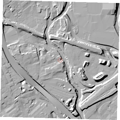 Shaded relief map of the ground around E32TT, computed from Environment Agency LiDAR. The ground here sits at about 6 m above sea level and falls 16 m across the surrounding 800 m. Surface water reaching this point runs off ground lying to the south-west, 6.6 m higher.