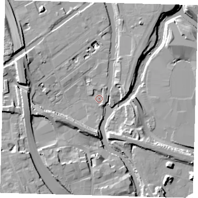 Shaded relief map of the ground around E32UY, computed from Environment Agency LiDAR. The ground here sits at about 5 m above sea level and falls 14 m across the surrounding 800 m. Surface water reaching this point runs off ground lying to the west, 13.0 m higher.