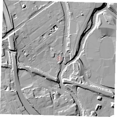 Shaded relief map of the ground around E32XA, computed from Environment Agency LiDAR. The ground here sits at about 5 m above sea level and falls 13 m across the surrounding 800 m. Surface water reaching this point runs off ground lying to the west, 13.0 m higher.